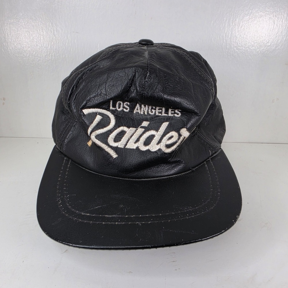 Vintage 90s Los Angeles Raiders Hat Genuine Leather Snapback Cap NFL LA Black - Picture 1 of 8
